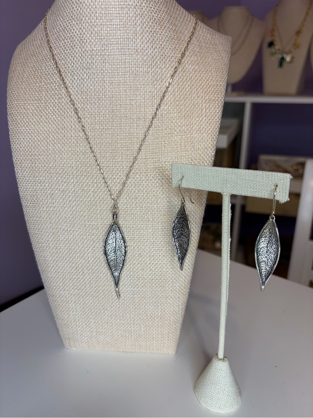 Opulenza .925 Sterling Silver Leaf Pendant Necklace and Earring Set